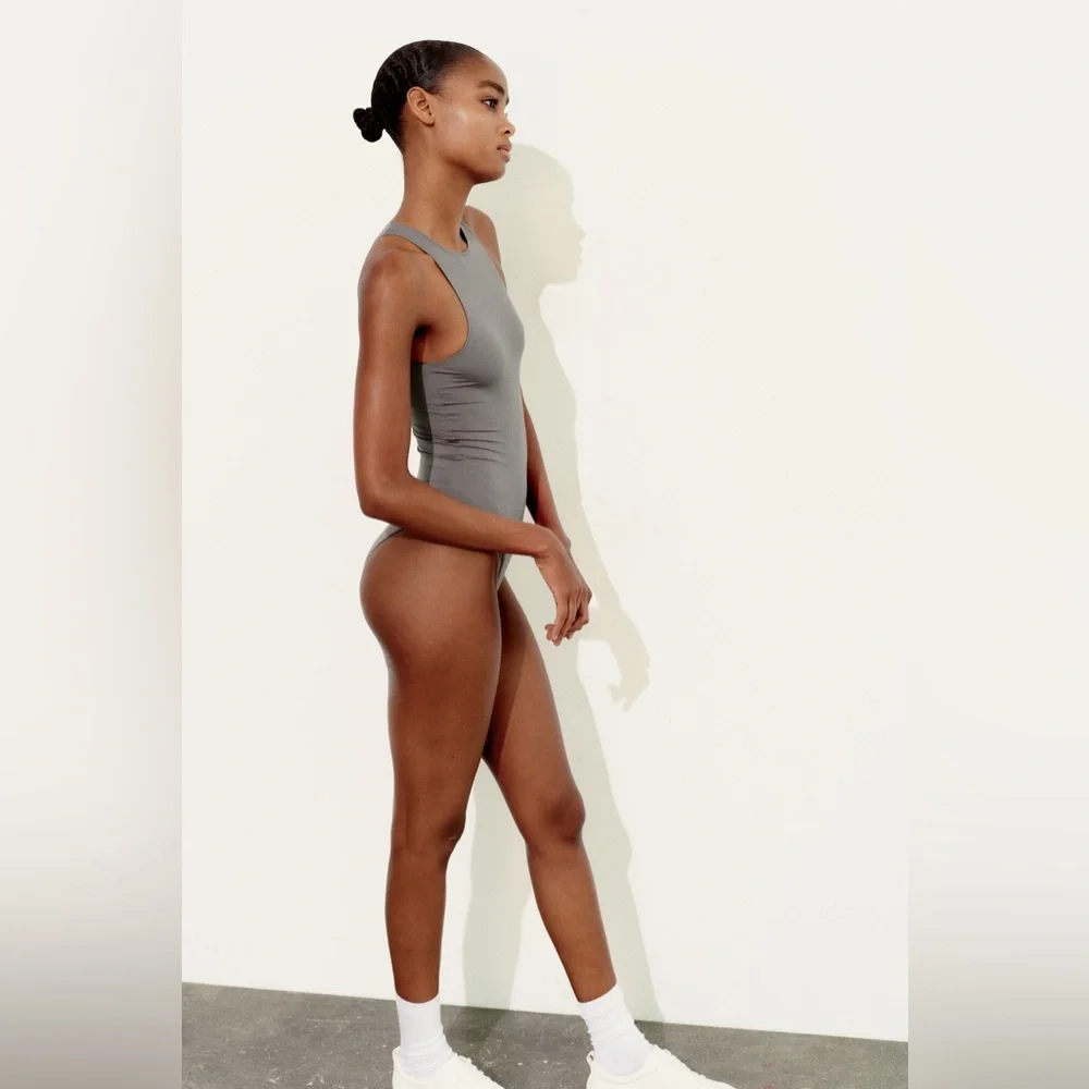 NWT Zara Polyamide Halter Bodysuit in Dark Grey Size L - Picture 2 of 15